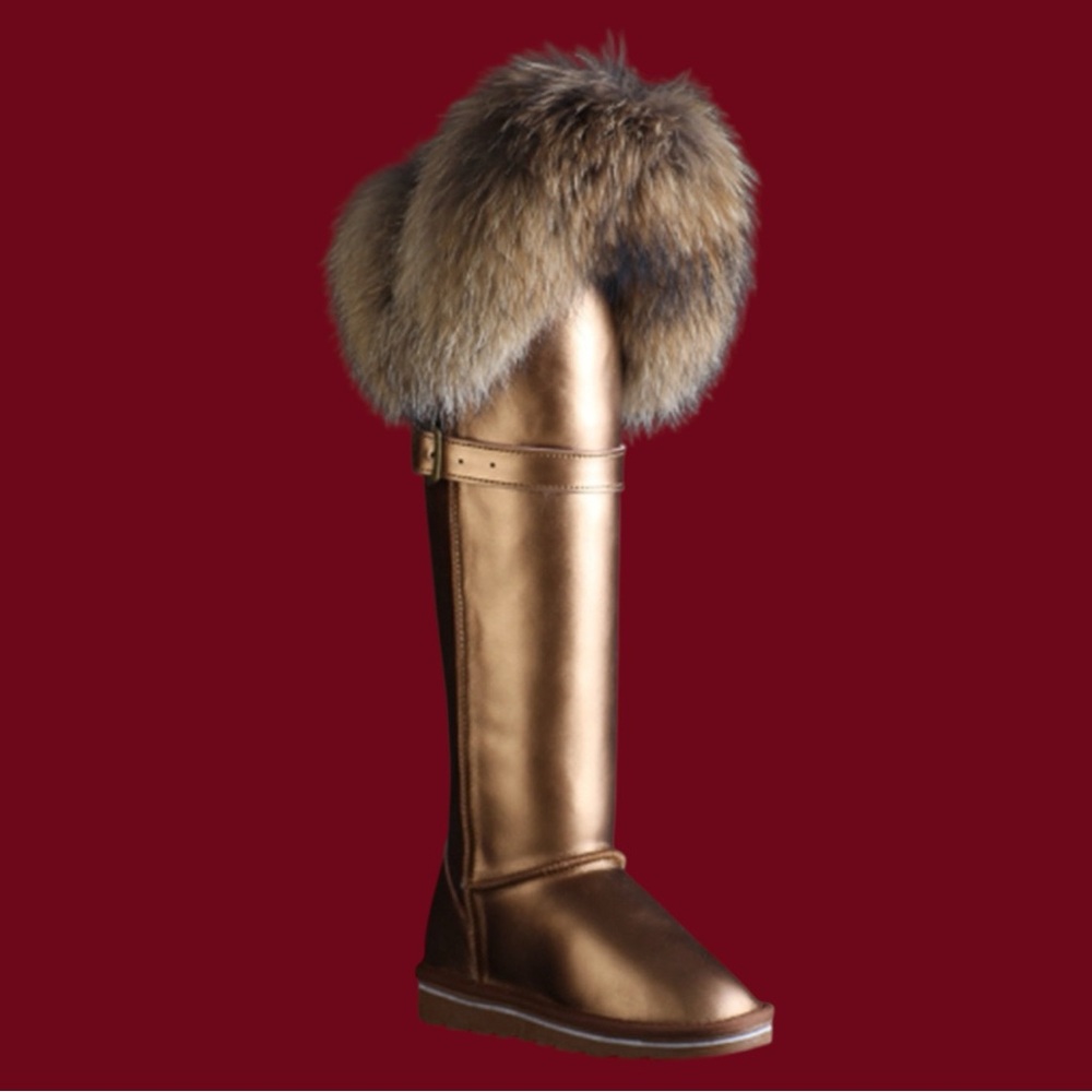 Elegant Fur-Trimmed Over the Knee Gold Boots